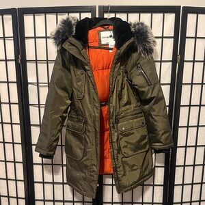 Steve Madden Olive Puffer Coat with Black Fur Hood